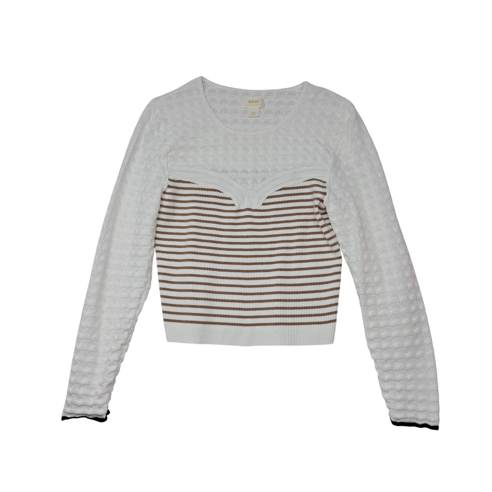 Anthropologie Maeve Sweater Womens Large White Tan Striped Pointelle Long Sleeve